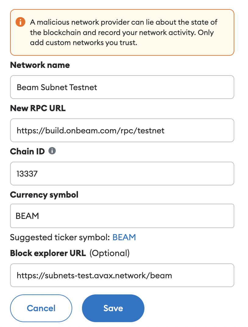 MetaMask Settings Beam Testnet RPC